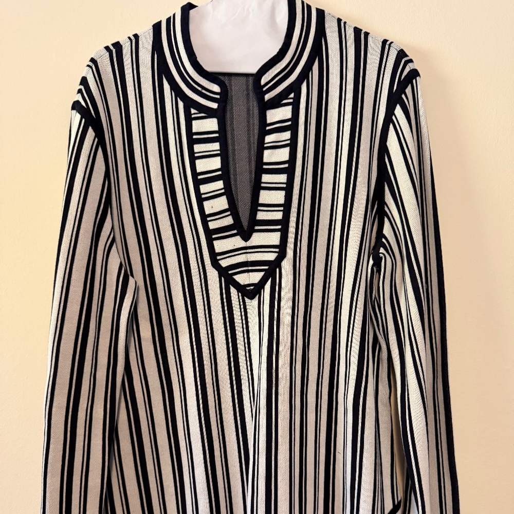 Tory Burch Cotton Striped V Neck Tunic Sweater XL